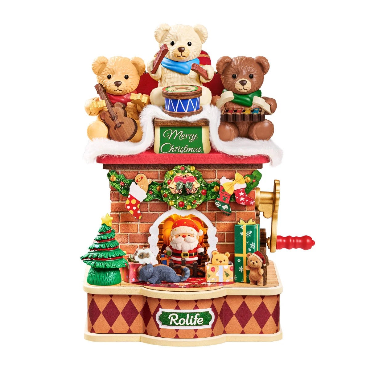 Wooden-Town Fireside Music Night 3D wooden puzzle music box – finished model with three teddy bears on a brick fireplace and red crank on a white background