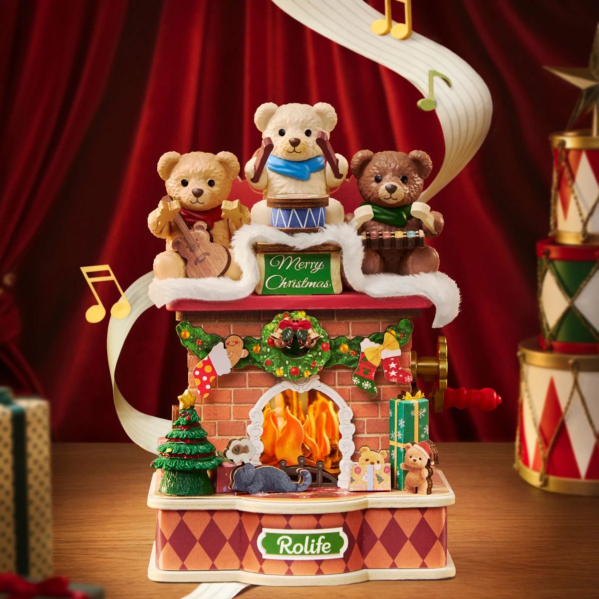 Wooden-Town Fireside Music Night 3D wooden puzzle music box – music box with glowing fire in front of a red curtain with music notes