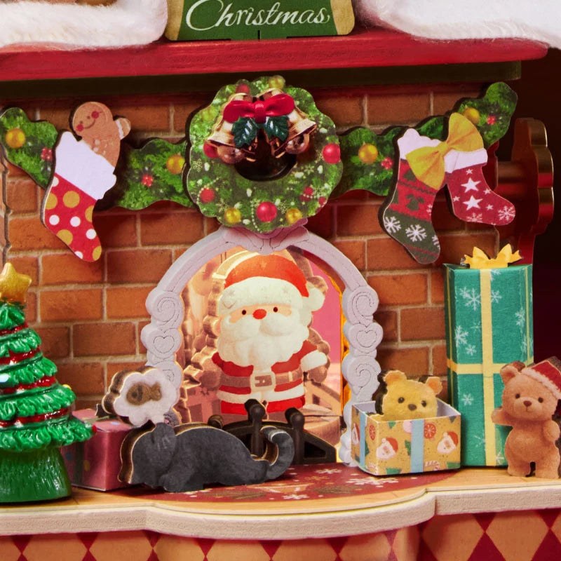 Wooden-Town Fireside Music Night 3D wooden puzzle music box – close-up of Santa inside the fireplace arch with presents and stockings