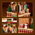 Wooden-Town Fireside Music Night 3D wooden puzzle music box – four detail views of the rotating hearth, tree, gifts and snowman
