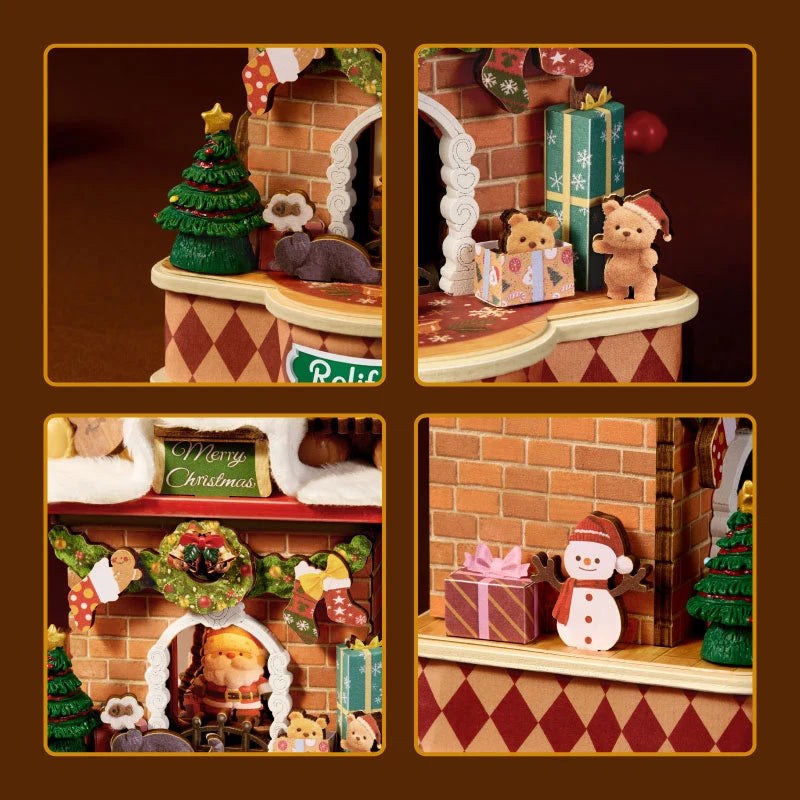 Wooden-Town Fireside Music Night 3D wooden puzzle music box – four detail views of the rotating hearth, tree, gifts and snowman