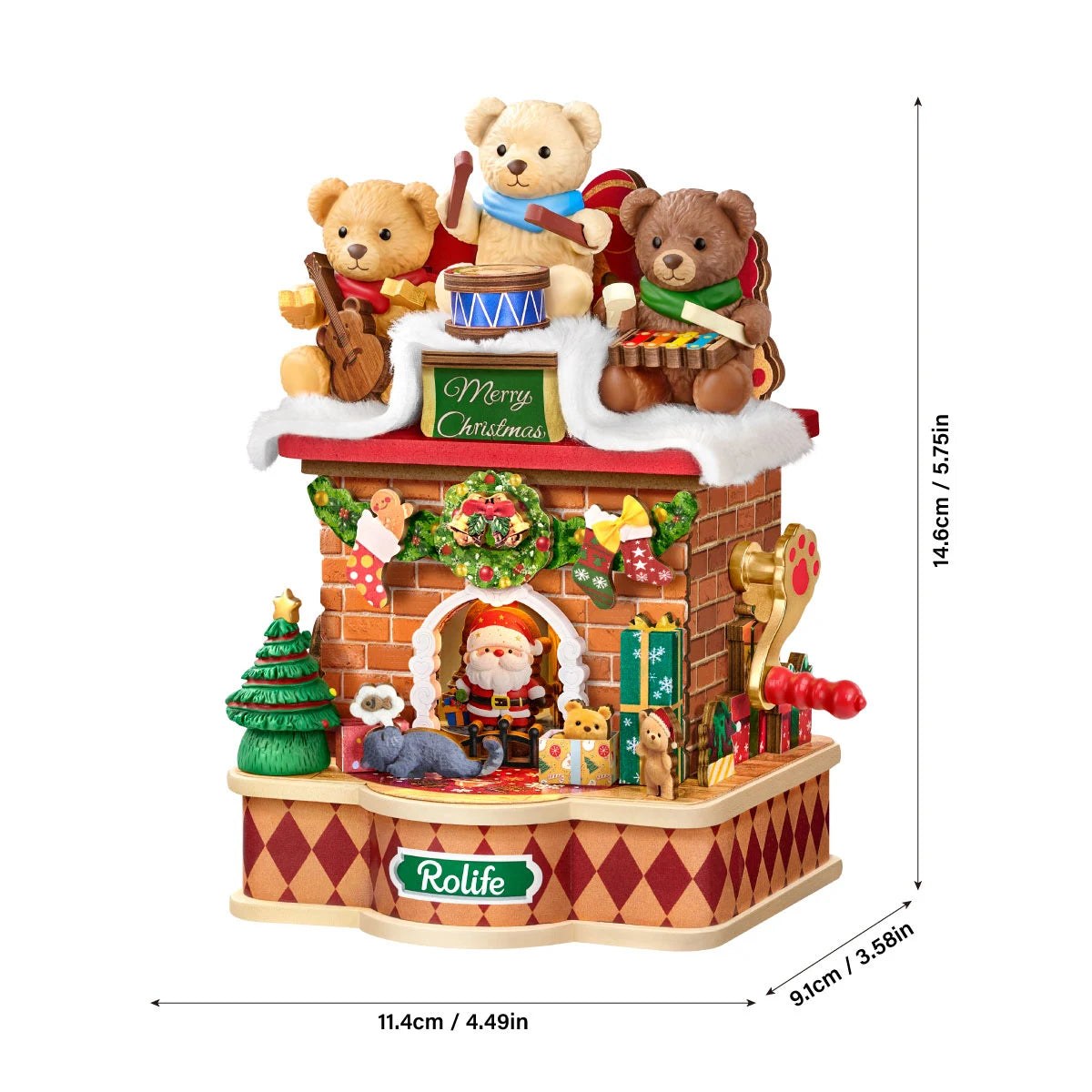 Wooden-Town Fireside Music Night 3D wooden puzzle music box – dimensions graphic, 11.4 × 9.1 × 14.6 cm (4.49 × 3.58 × 5.75 in)
