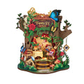 Wooden-Town Forest Tea Party Music Box Kit – finished hollow-tree tea party scene