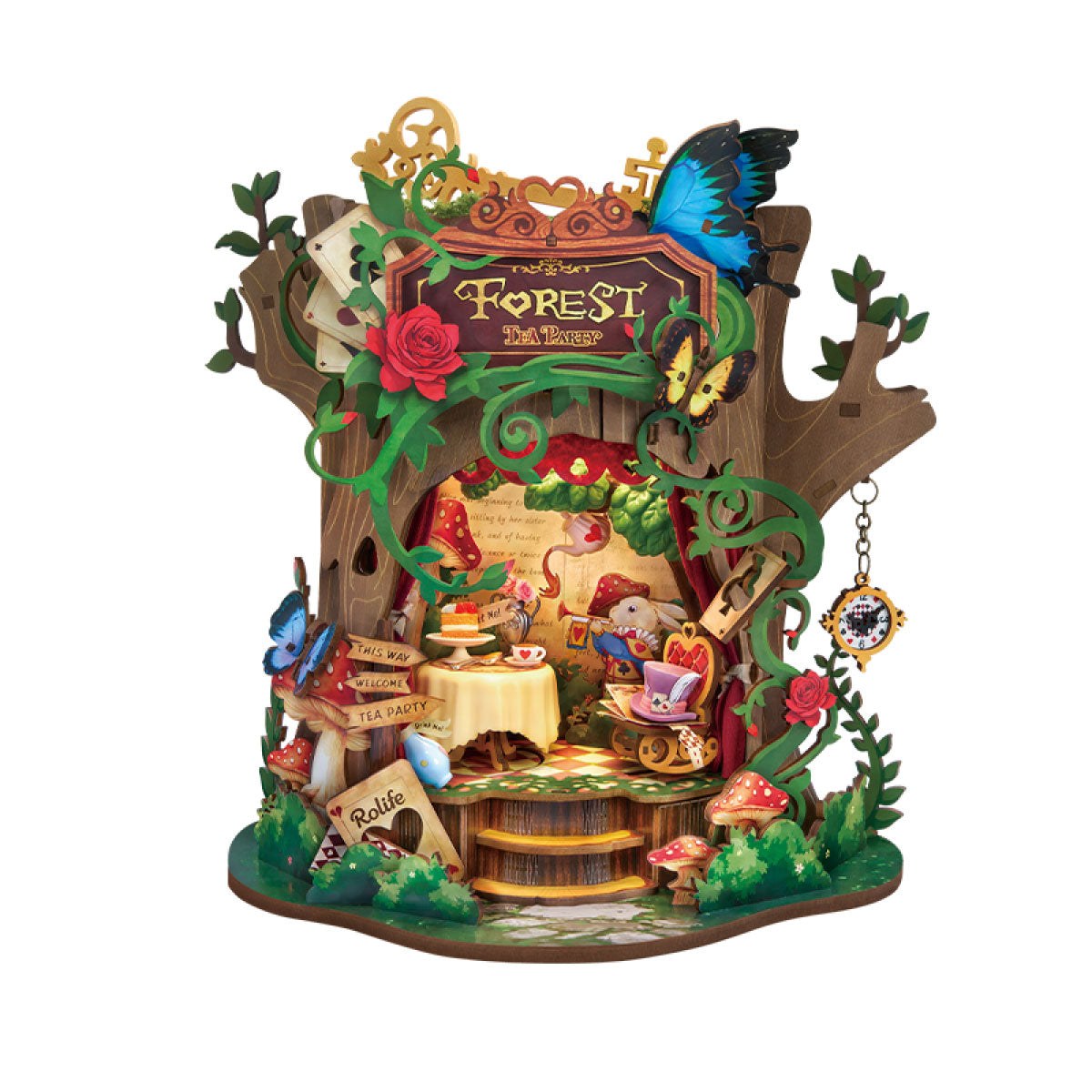 Wooden-Town Forest Tea Party Music Box Kit – finished hollow-tree tea party scene