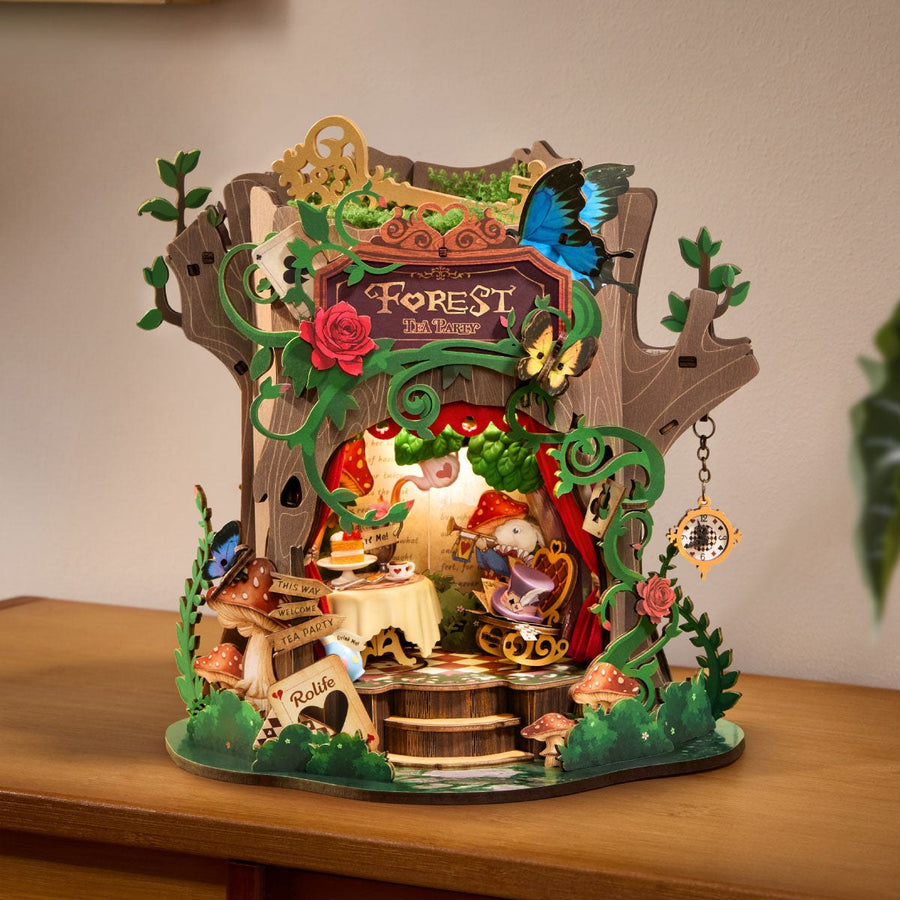 Wooden-Town Forest Tea Party Music Box Kit – lit up on a wooden table