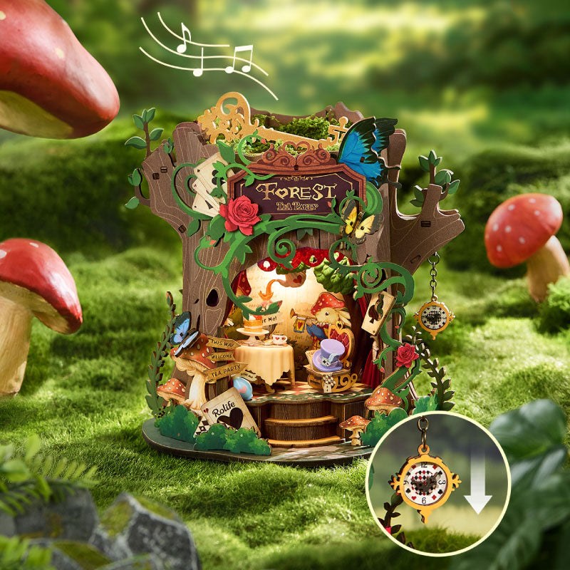 Wooden-Town Forest Tea Party Music Box Kit – pull the pocket watch to start the music