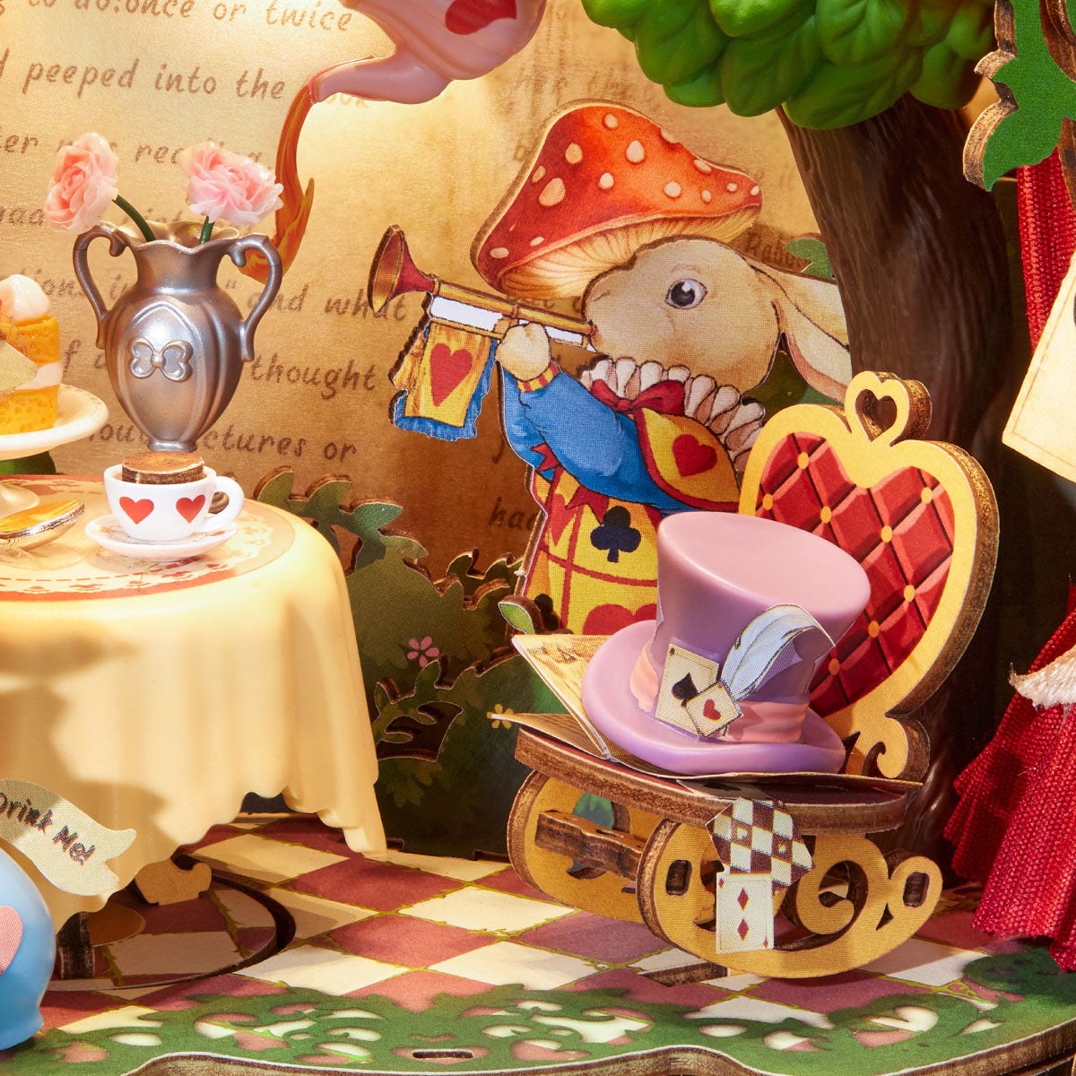 Wooden-Town Forest Tea Party Music Box Kit – rabbit, top hat and heart-shaped chair close-up