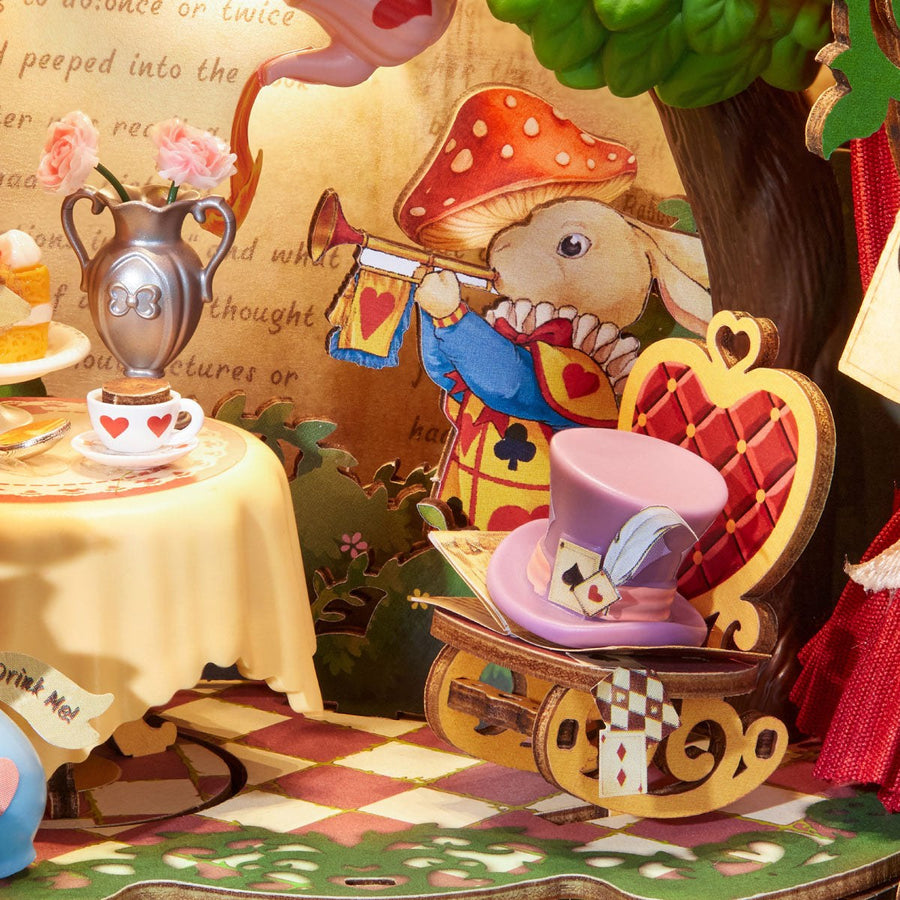 Wooden-Town Forest Tea Party Music Box Kit – rabbit, top hat and heart-shaped chair close-up
