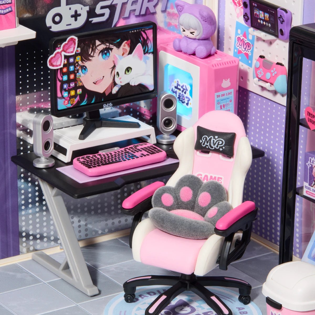 Wooden-Town Gamer Queen Miniature Room Kit – gaming desk with monitor and paw-cushion chair