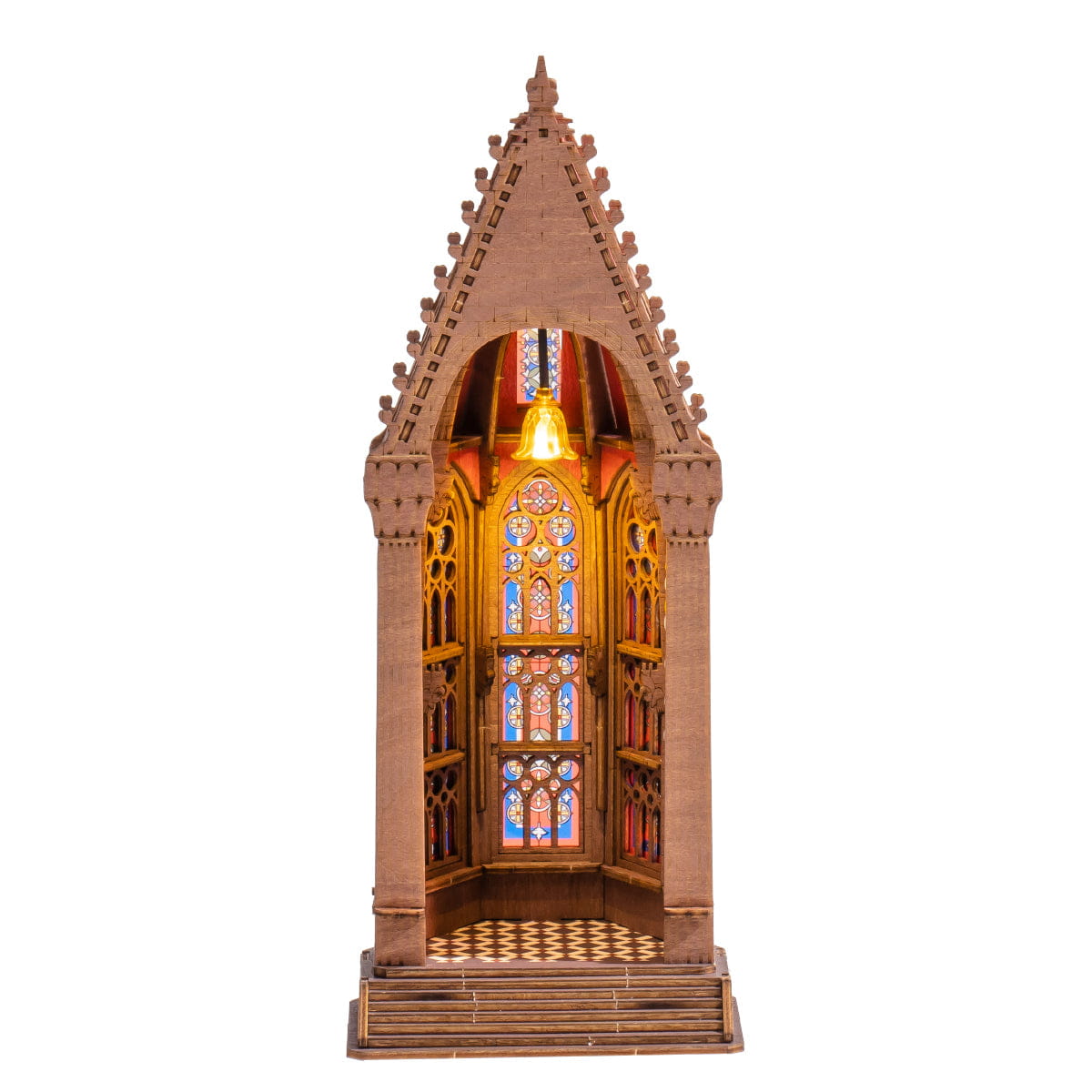 Gothic-style model with stained glass window on a white background