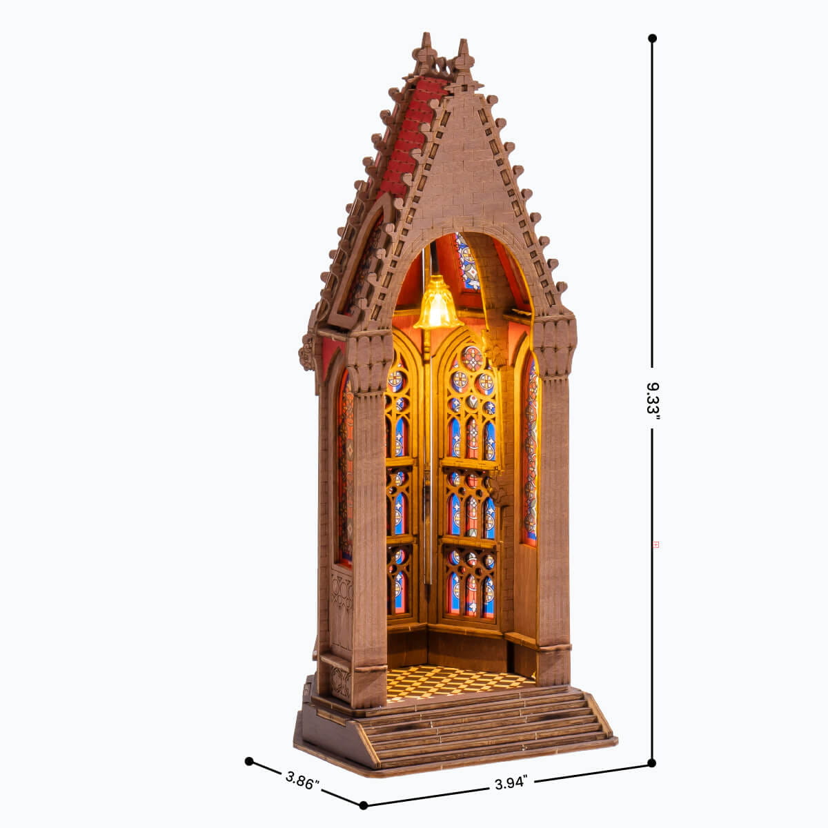 Gothic-style model with stained glass windows and dimensions on a white background