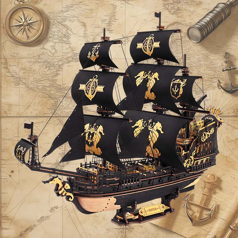 3D Wooden Pirate Ship Model – Seahorse-Bark Puzzle – view 2