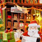 Wooden-Town Polaris Post DIY miniature house kit – close-up of the numbered mail-sorting cabinet with parcels behind Santa