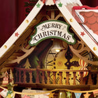 Wooden-Town Polaris Post DIY miniature house kit – close-up of the roof gable with Merry Christmas sign and countdown clock
