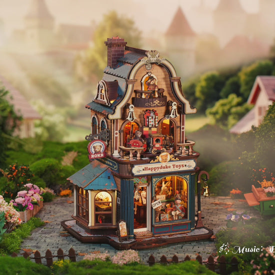 VIDEO Wooden-Town - Happyduke Toys Musical Toy Shop DIY Miniature House Kit with LED Light