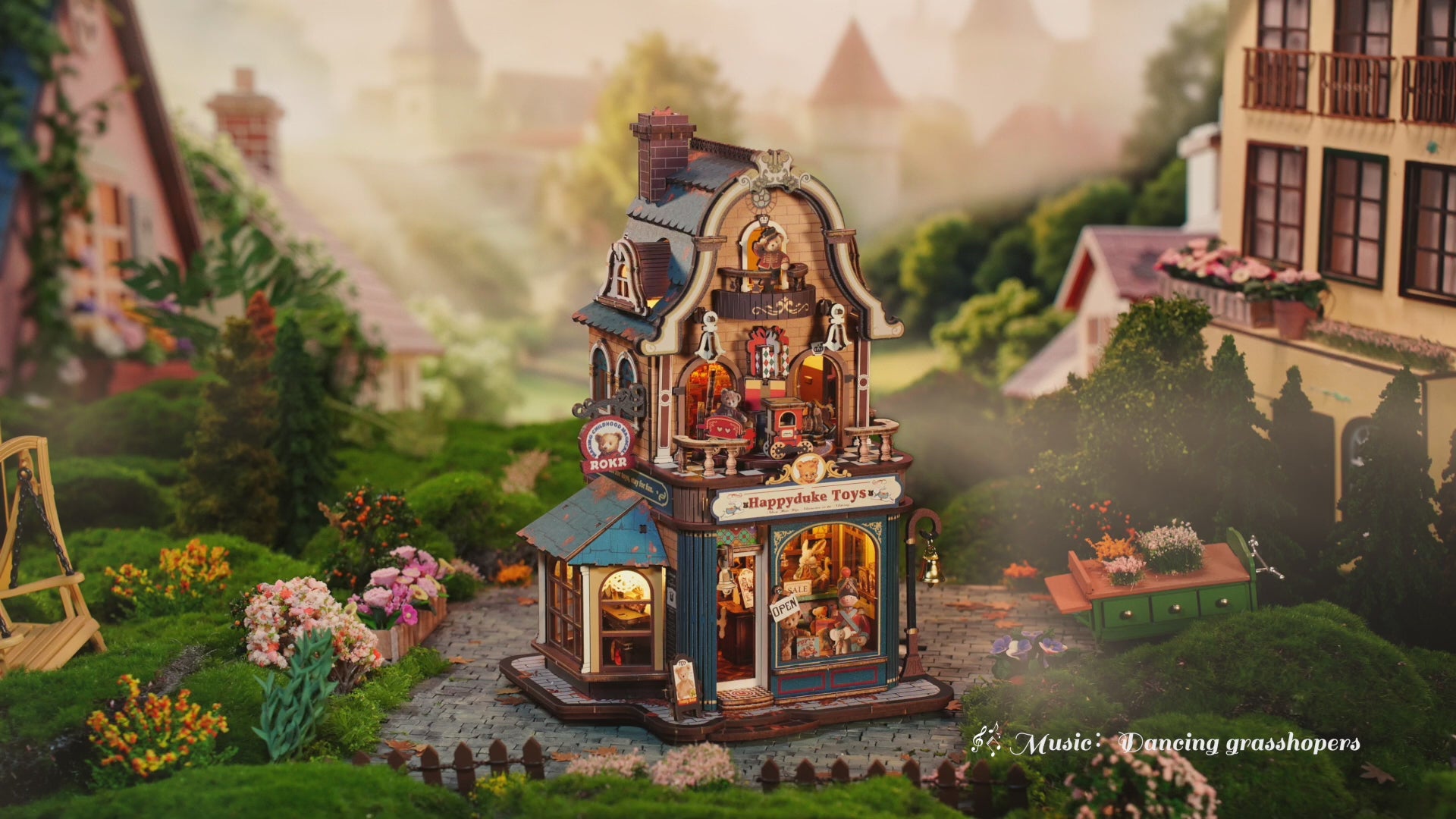 VIDEO Wooden-Town - Happyduke Toys Musical Toy Shop DIY Miniature House Kit with LED Light