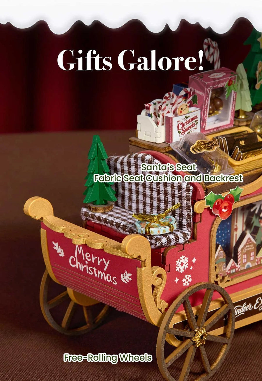 Wooden-Town Reindeer Express DIY miniature kit – sleigh with checked fabric seat cushion and spoked wheels