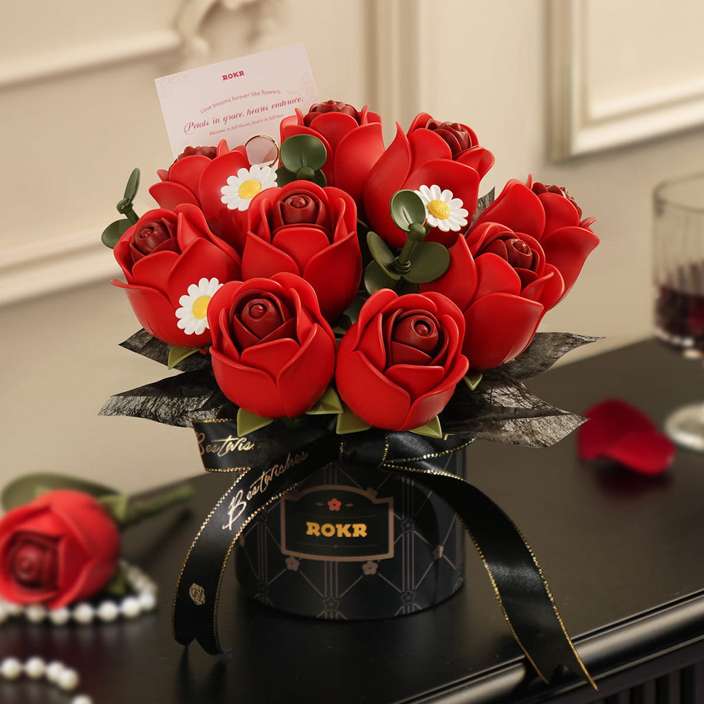 Wooden-Town Red Rose Bouquet 3D wooden flower bouquet puzzle kit – image 4 of 7