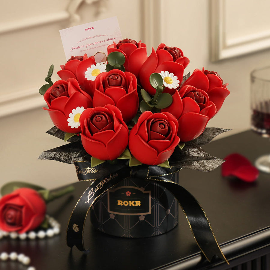 Wooden-Town Red Rose Bouquet 3D wooden flower bouquet puzzle kit – image 4 of 7