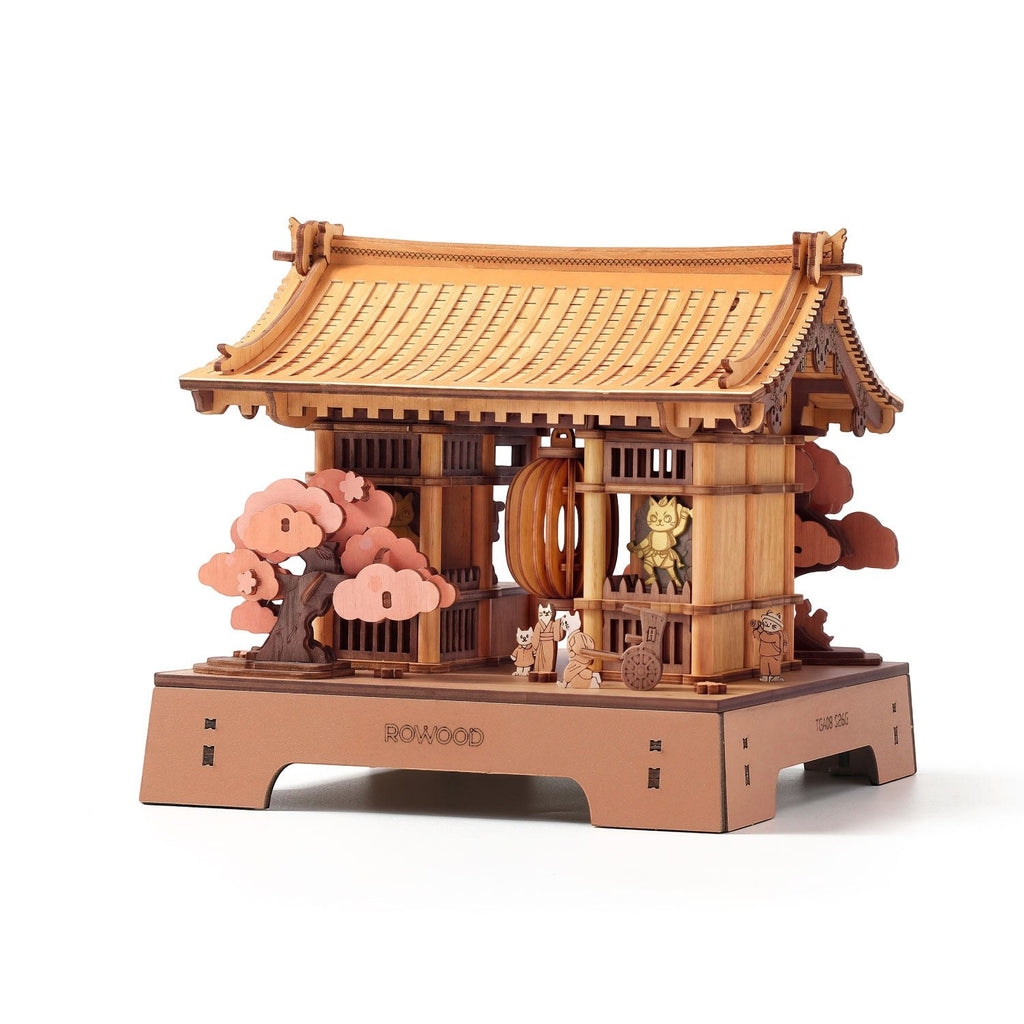 Wooden-Town Sacred Sakura Temple 3D Puzzle Kit – finished temple gate with cherry blossom trees