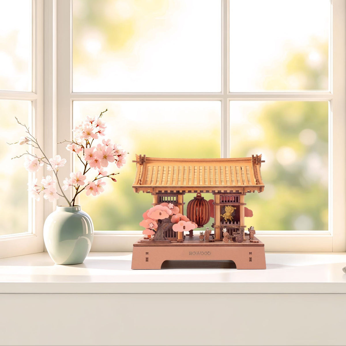 Wooden-Town Sacred Sakura Temple 3D Puzzle Kit – displayed on a sunny windowsill