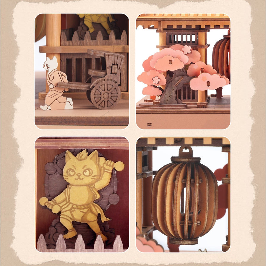 Wooden-Town Sacred Sakura Temple 3D Puzzle Kit – details of the cart, sakura tree, cat guardian and lantern