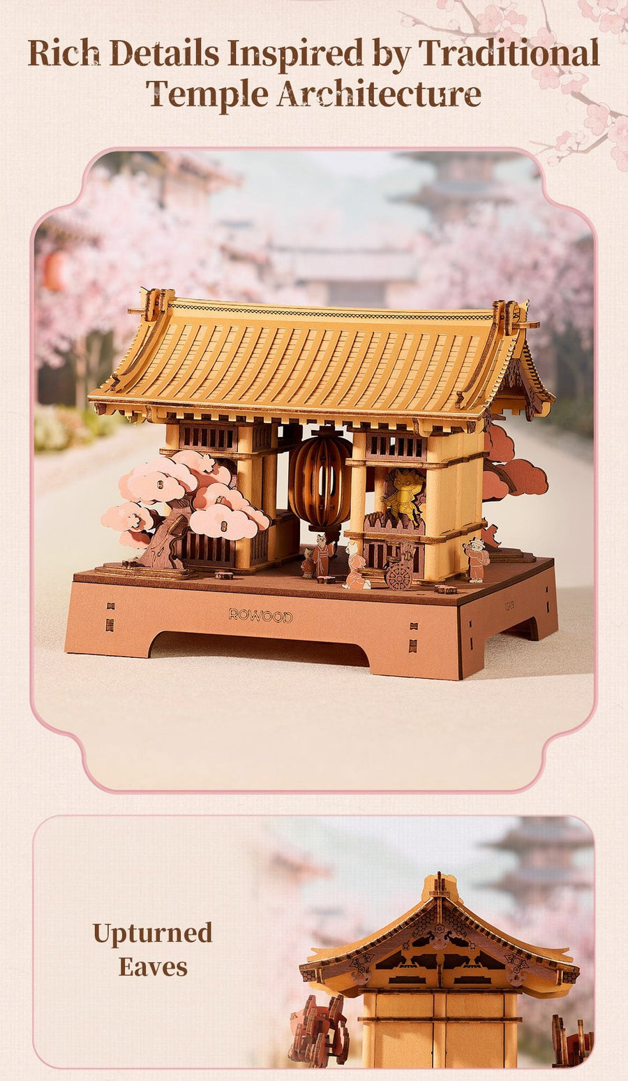 Wooden-Town Sacred Sakura Temple 3D Puzzle Kit – traditional temple architecture with upturned eaves