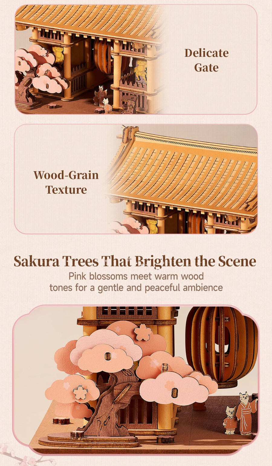 Wooden-Town Sacred Sakura Temple 3D Puzzle Kit – gate, wood-grain roof and sakura trees close-up