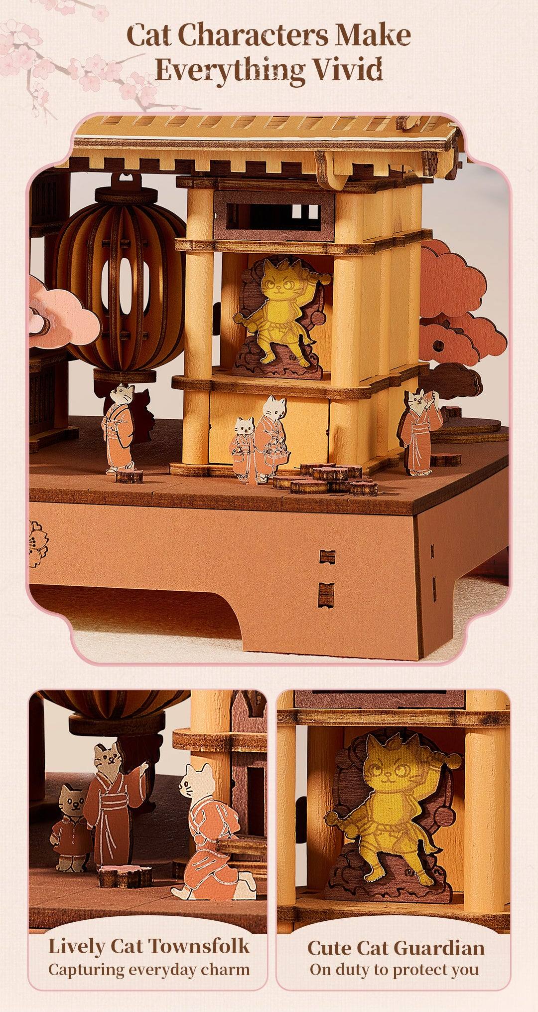 Wooden-Town Sacred Sakura Temple 3D Puzzle Kit – cat townsfolk and cat guardian figures
