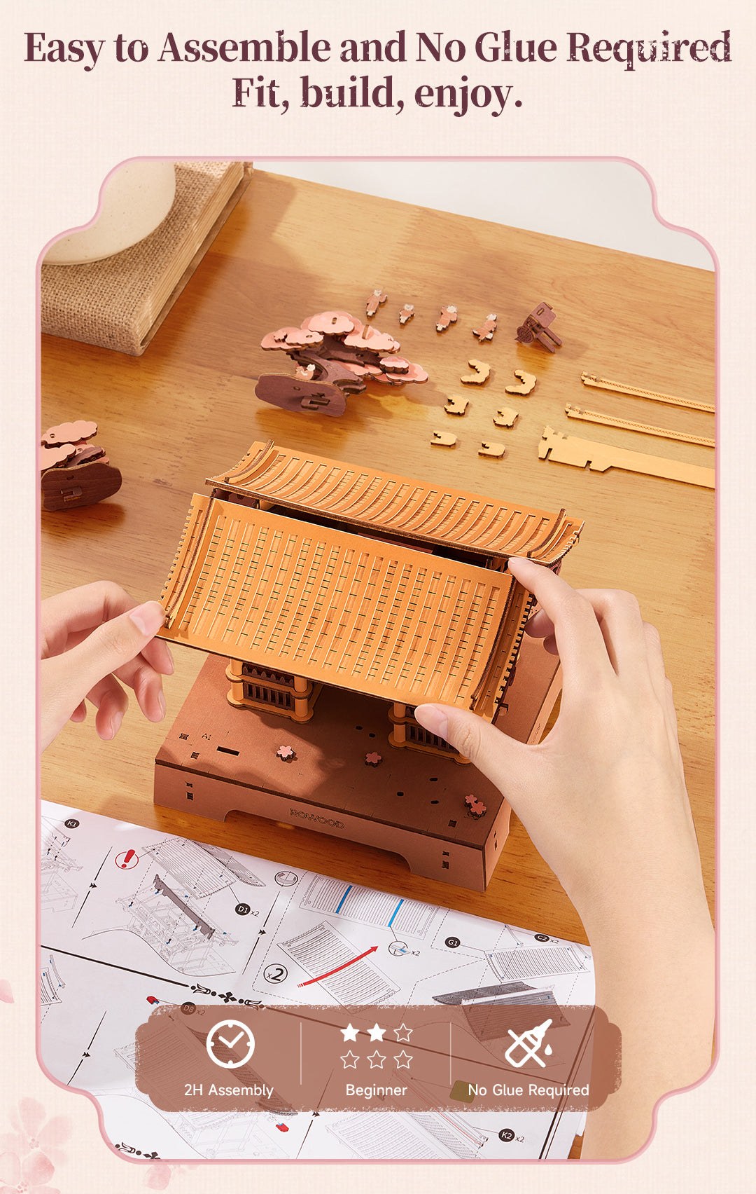 Wooden-Town Sacred Sakura Temple 3D Puzzle Kit – easy snap-fit assembly without glue