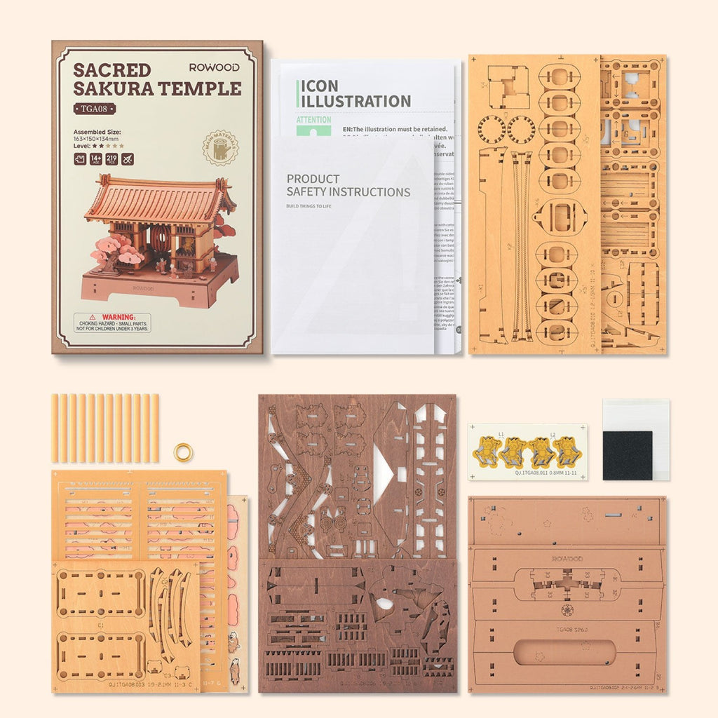 Wooden-Town Sacred Sakura Temple 3D Puzzle Kit – kit contents with pre-cut sheets and manual