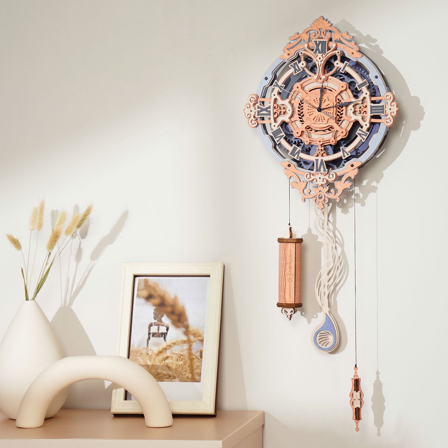 Romantic Notes Ornate Plywood Wall Clock — Natural Wood & Dark