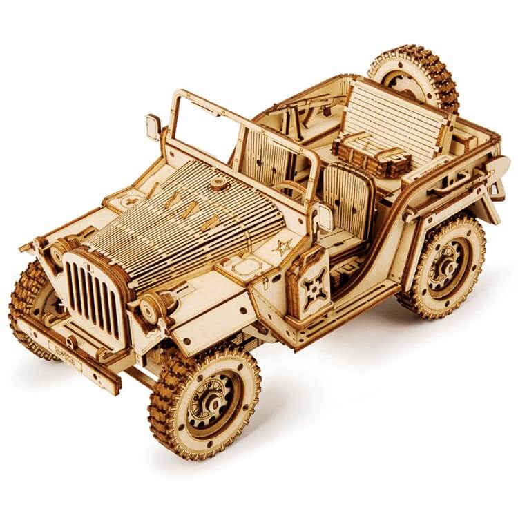 Wooden Army Jeep 3D Model Kit — Laser‑Cut Plywood, No Glue, Brown – 3D wooden model kit
