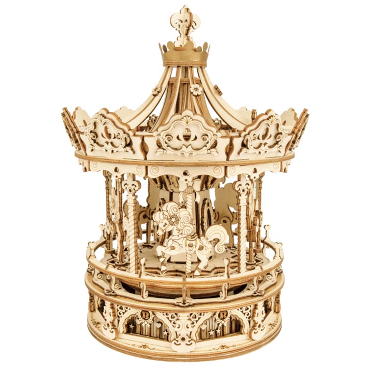 Romantic Carousel — Light Wood Mechanical Music Box (Plywood, Winding) – 3D wooden model kit