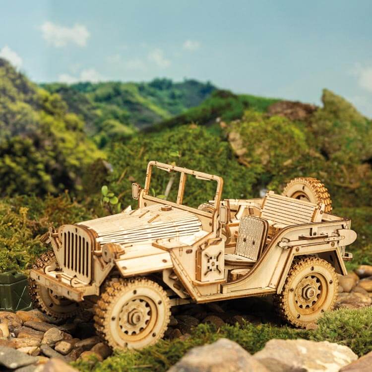 Wooden Army Jeep 3D Model Kit — Laser‑Cut Plywood, No Glue, Brown – view 2