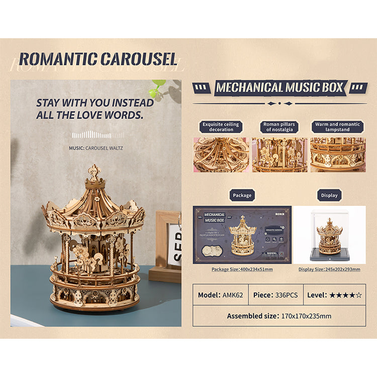 Romantic Carousel — Light Wood Mechanical Music Box (Plywood, Winding) – view 3