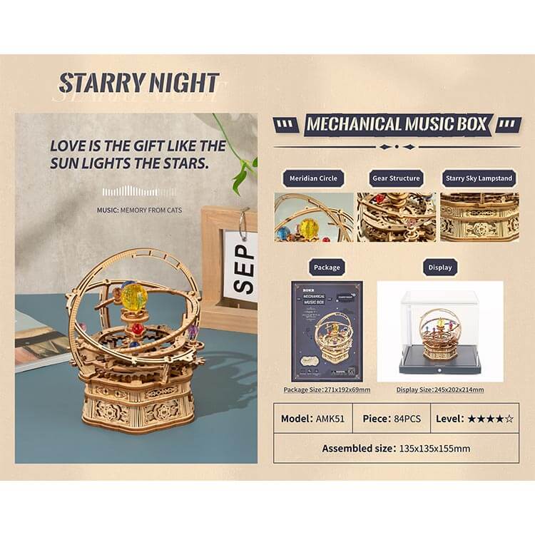 Starry Sky Orrery Music Box — Natural Wood & Colorful Acrylic Planets – view 4