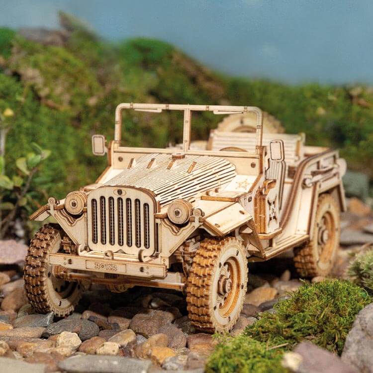 Wooden Army Jeep 3D Model Kit — Laser‑Cut Plywood, No Glue, Brown – view 3