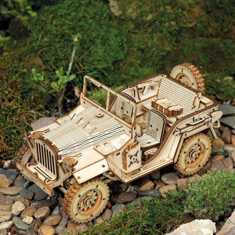 Wooden Army Jeep 3D Model Kit — Laser‑Cut Plywood, No Glue, Brown – view 4