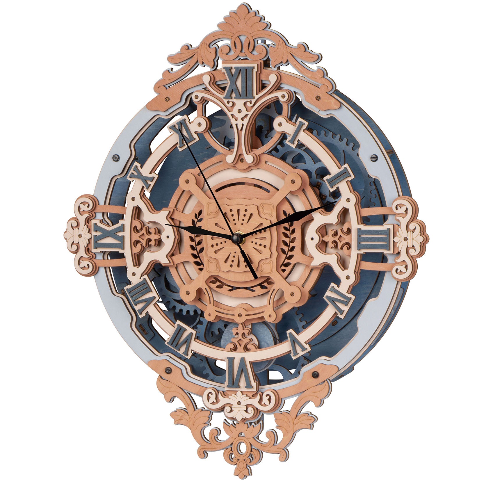 Romantic Notes Ornate Plywood Wall Clock — Natural Wood & Dark