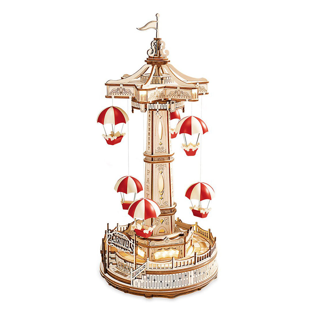Parachute Tower Carousel Model Kit — Plywood, Red & White – 3D wooden model kit