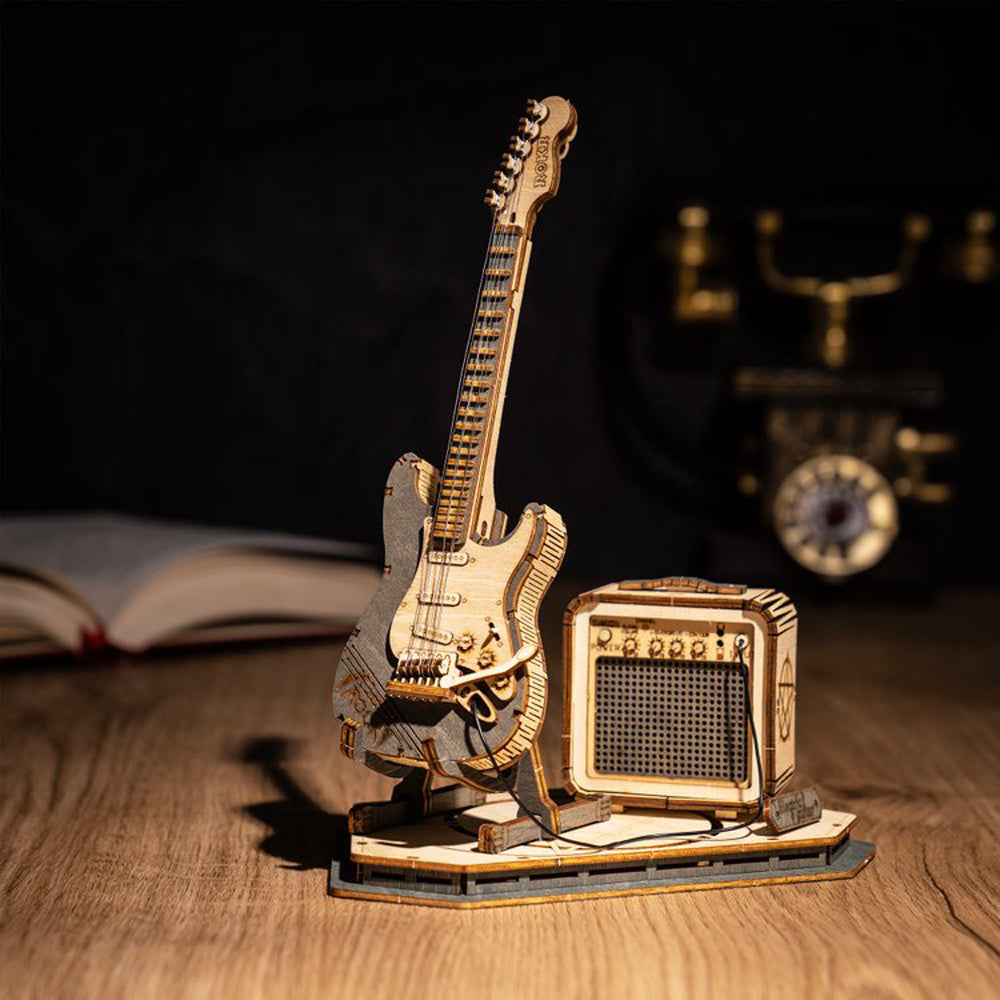 Natural Wood Electric Guitar Model Kit with Amp — Plywood, 289 Pieces – view 16