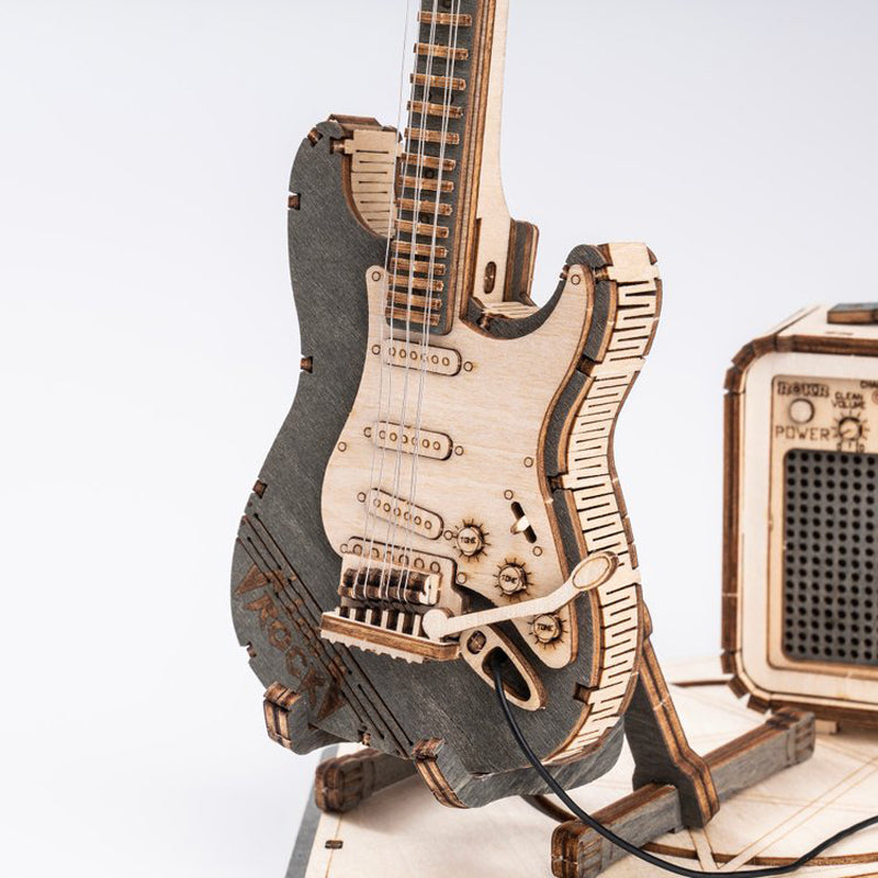 Natural Wood Electric Guitar Model Kit with Amp — Plywood, 289 Pieces – view 13