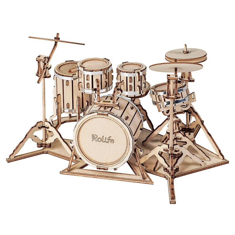 DIY Wooden Drum Kit Model — Brown Plywood, 246‑Piece – 3D wooden model kit